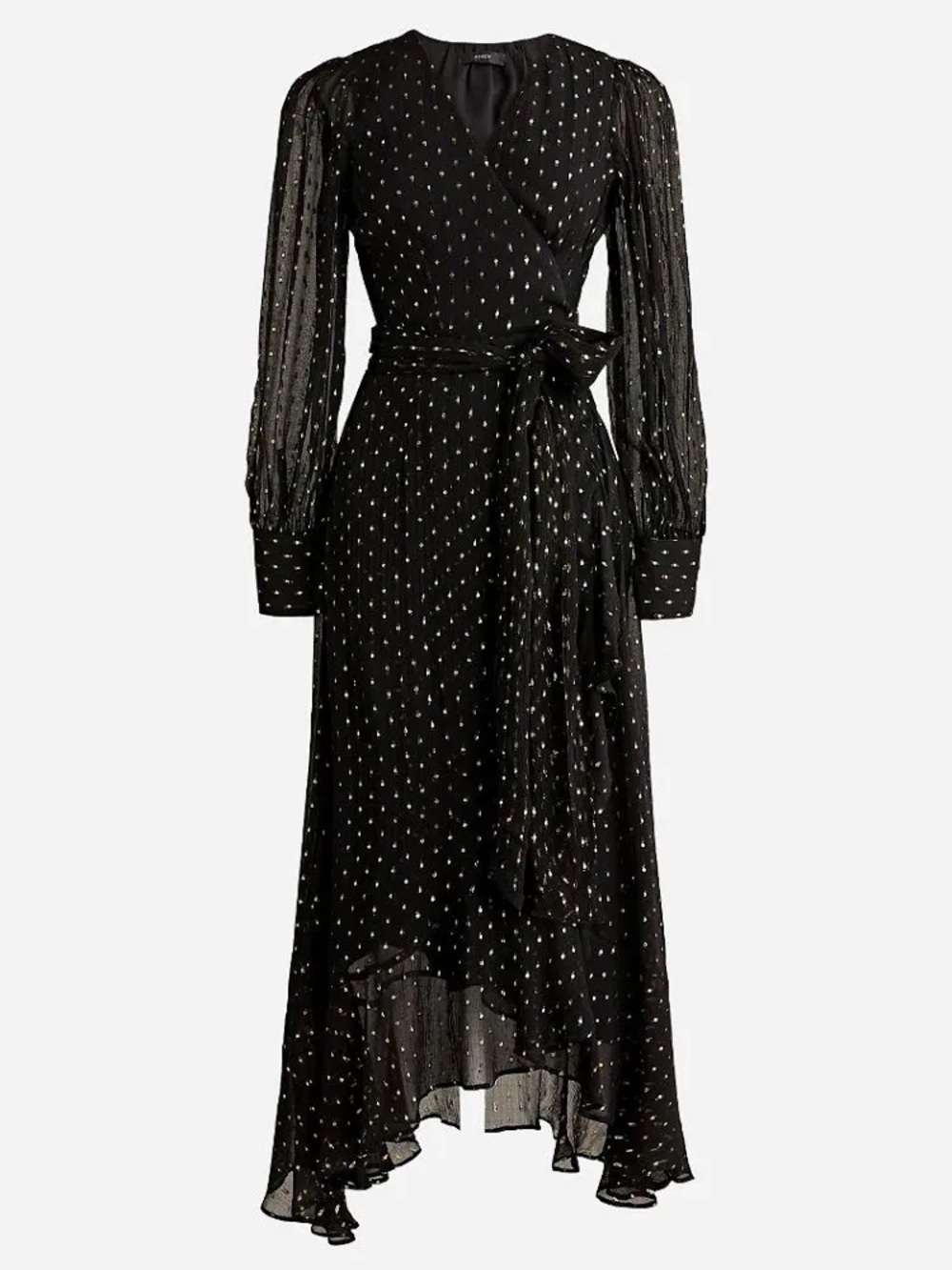 J. Crew Black Wrap Maxi Dress with Gold Metallic Dots